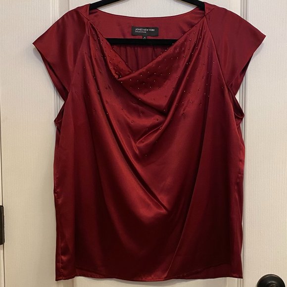 Jones New York Ruby Red Cowl Neck Blouse size 14 with Beading Detail - Picture 2 of 9